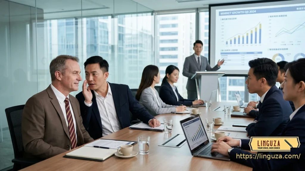 Chuchotage/ whispered interpreting during a corporate business meeting with market growth presentation