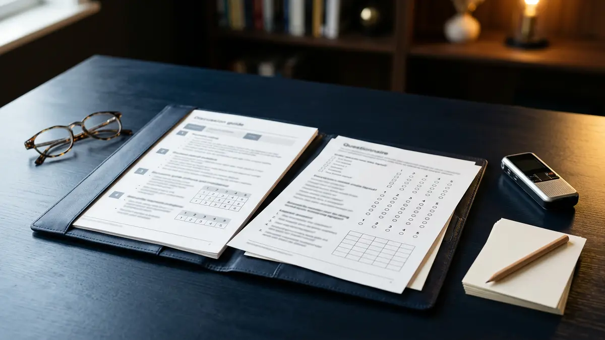 Market research questionnaire and discussion guide with digital voice recorder