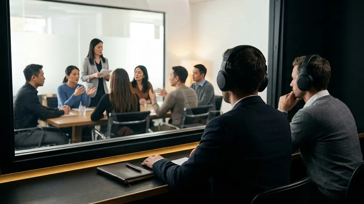 Focus group market research with whispered interpreting for viewing room observers