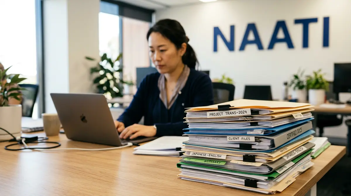 A NAATI-certified document translation linguist handling client files at a laptop