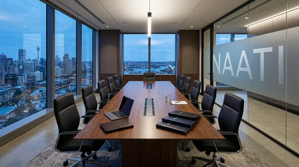 NAATI-certified interpreting for business meetings in a modern conference room with city skyline view