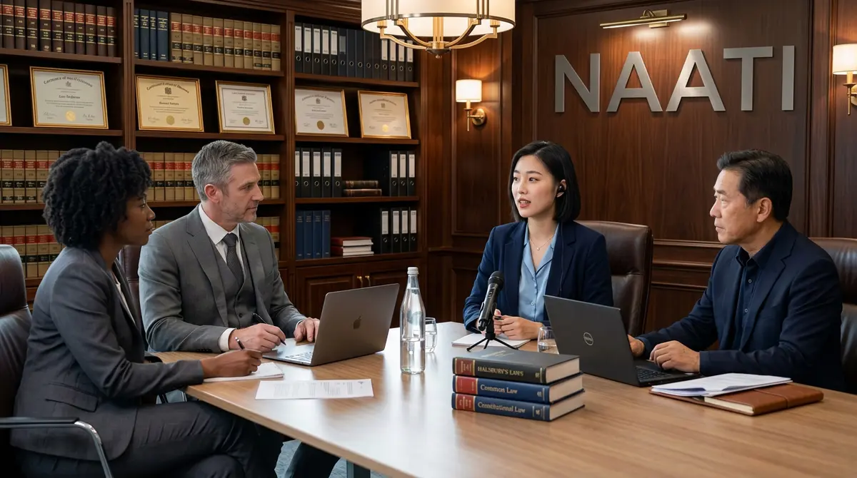 A NAATI-certified interpreter providing whispered interpreting during a professional legal meeting in a formal boardroom