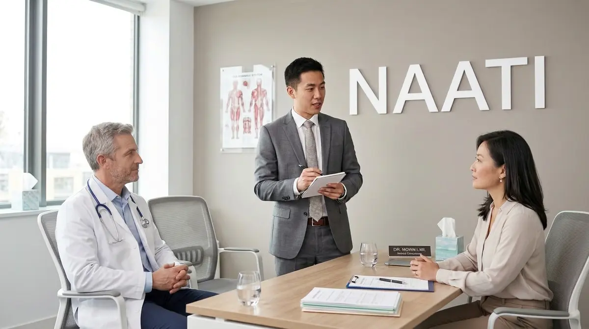 A NAATI-certified interpreter facilitating medical consultation between a doctor and patient