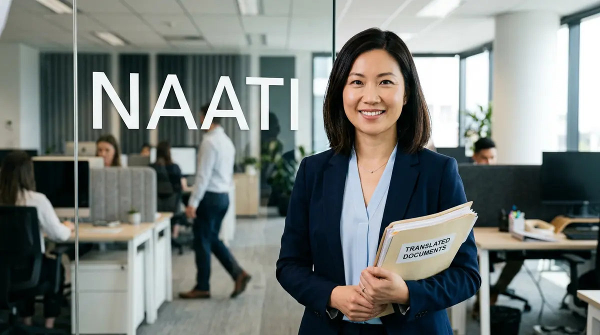 A NAATI certified language professional qualified for translation and interpreting, holding translated documents in her office