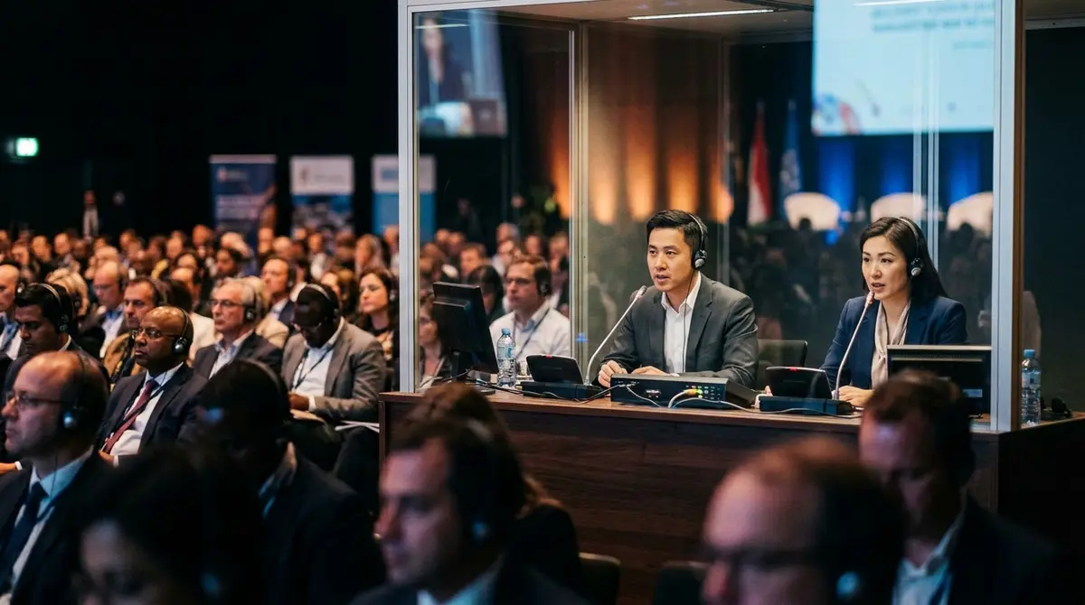 Simultaneous interpreters working in a booth for multilingual conference